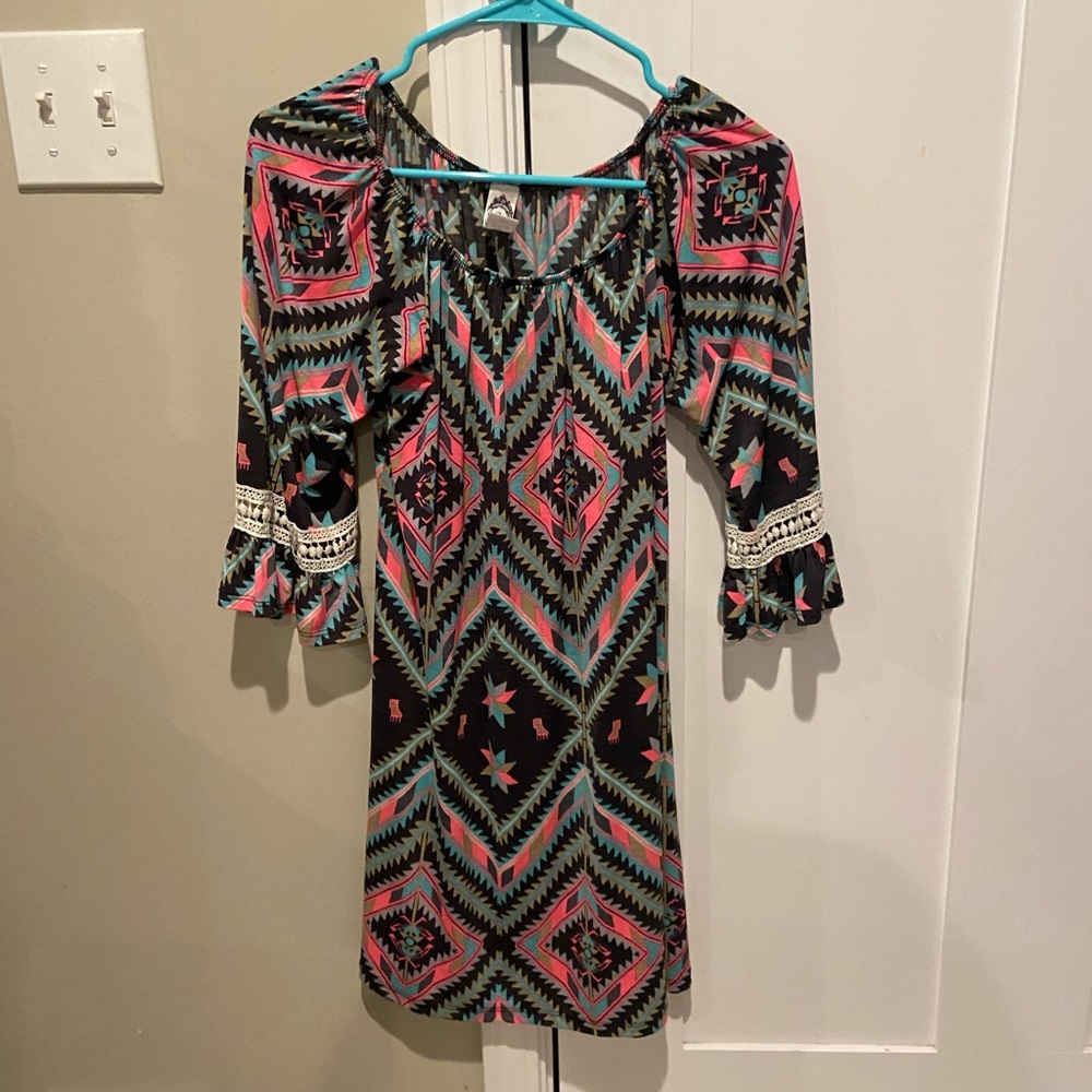 Long Sleeved Geometric Dress with Crochet Sleeves